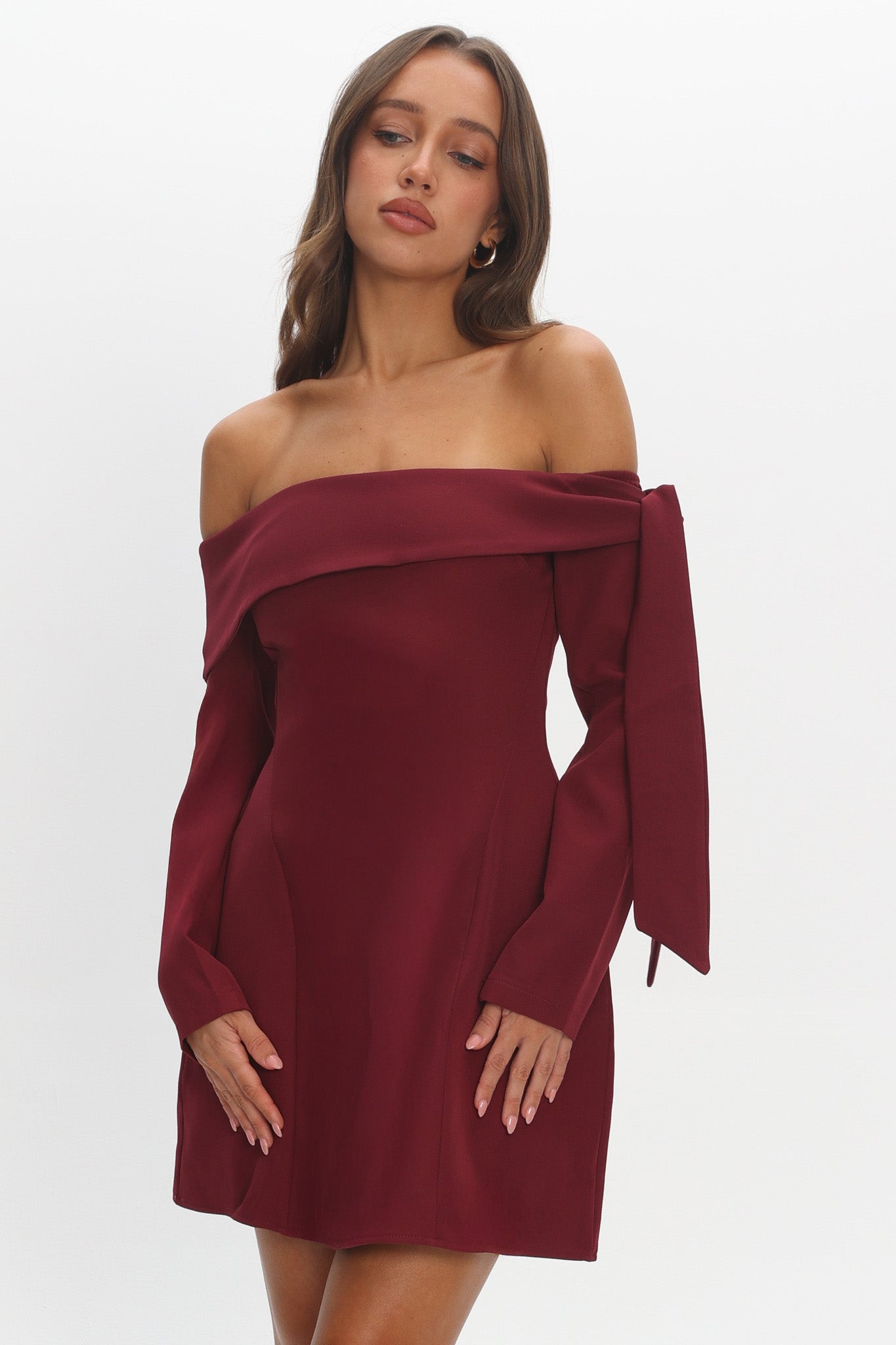 Aurora Sky Off-Shoulder Tie Mini Dress Wine