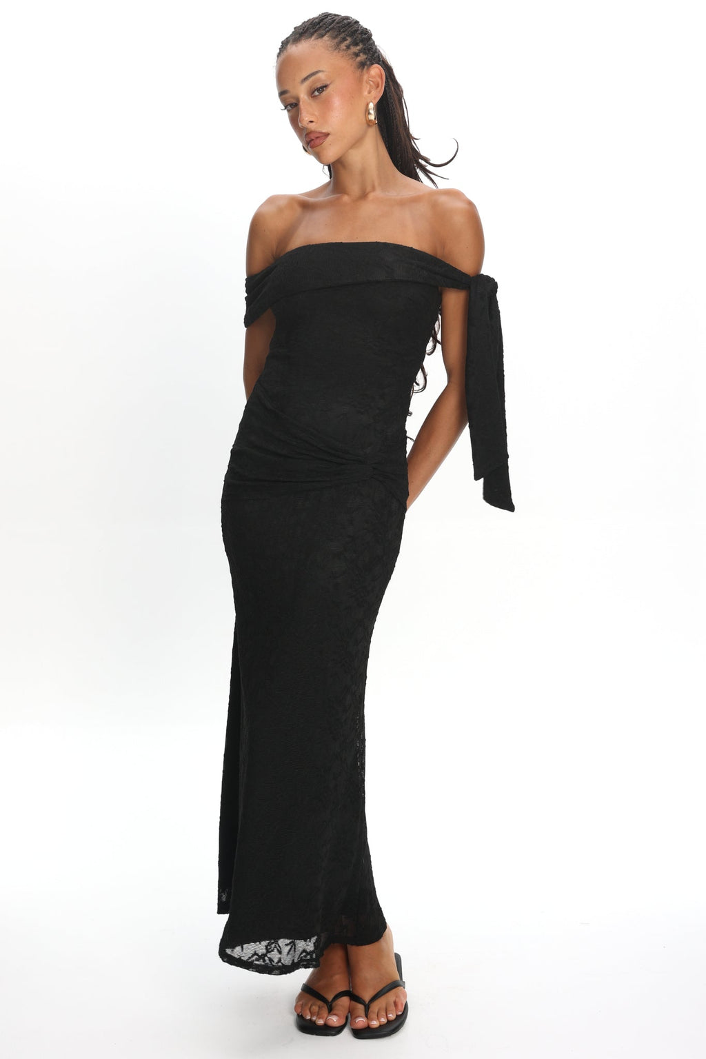 Aurora Sky Off-Shoulder Tie Maxi Dress Lace Black
