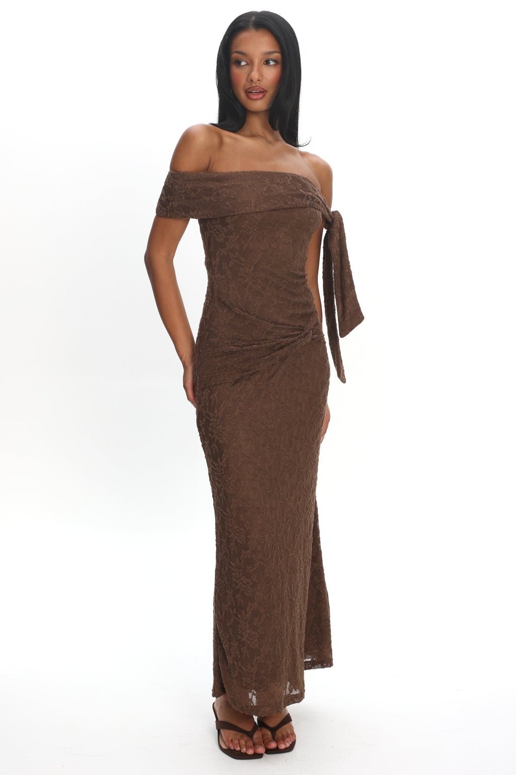 Aurora Sky Off-Shoulder Tie Maxi Dress Lace Chocolate
