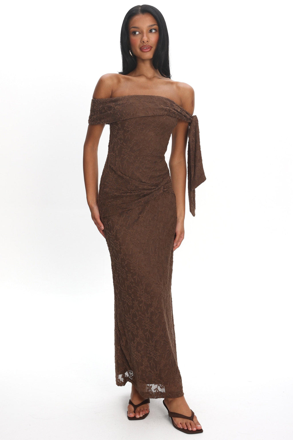 Aurora Sky Off-Shoulder Tie Maxi Dress Lace Chocolate