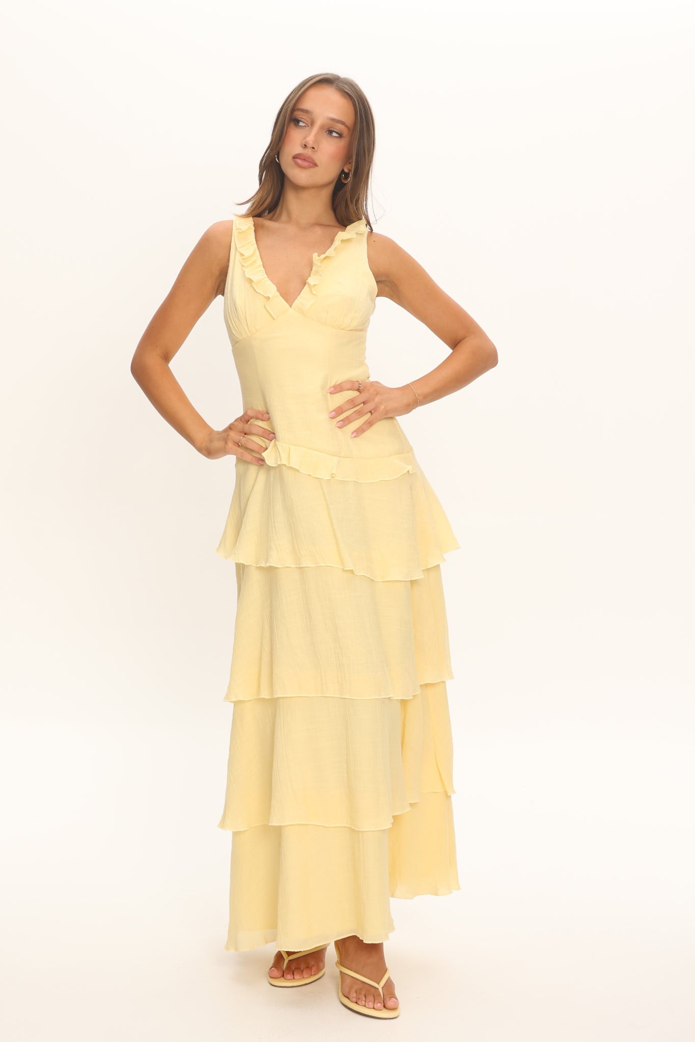 Khlara V-Neck Frill Trim Maxi Dress Butter
