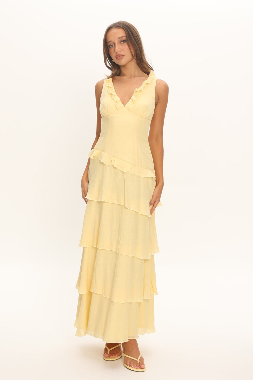 Khlara V-Neck Frill Trim Maxi Dress Butter