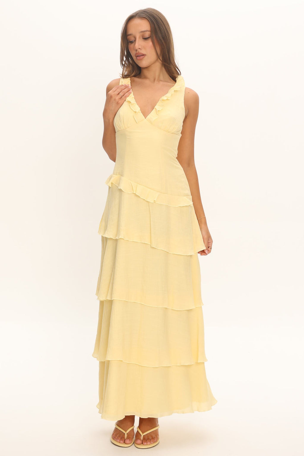 Khlara V-Neck Frill Trim Maxi Dress Butter