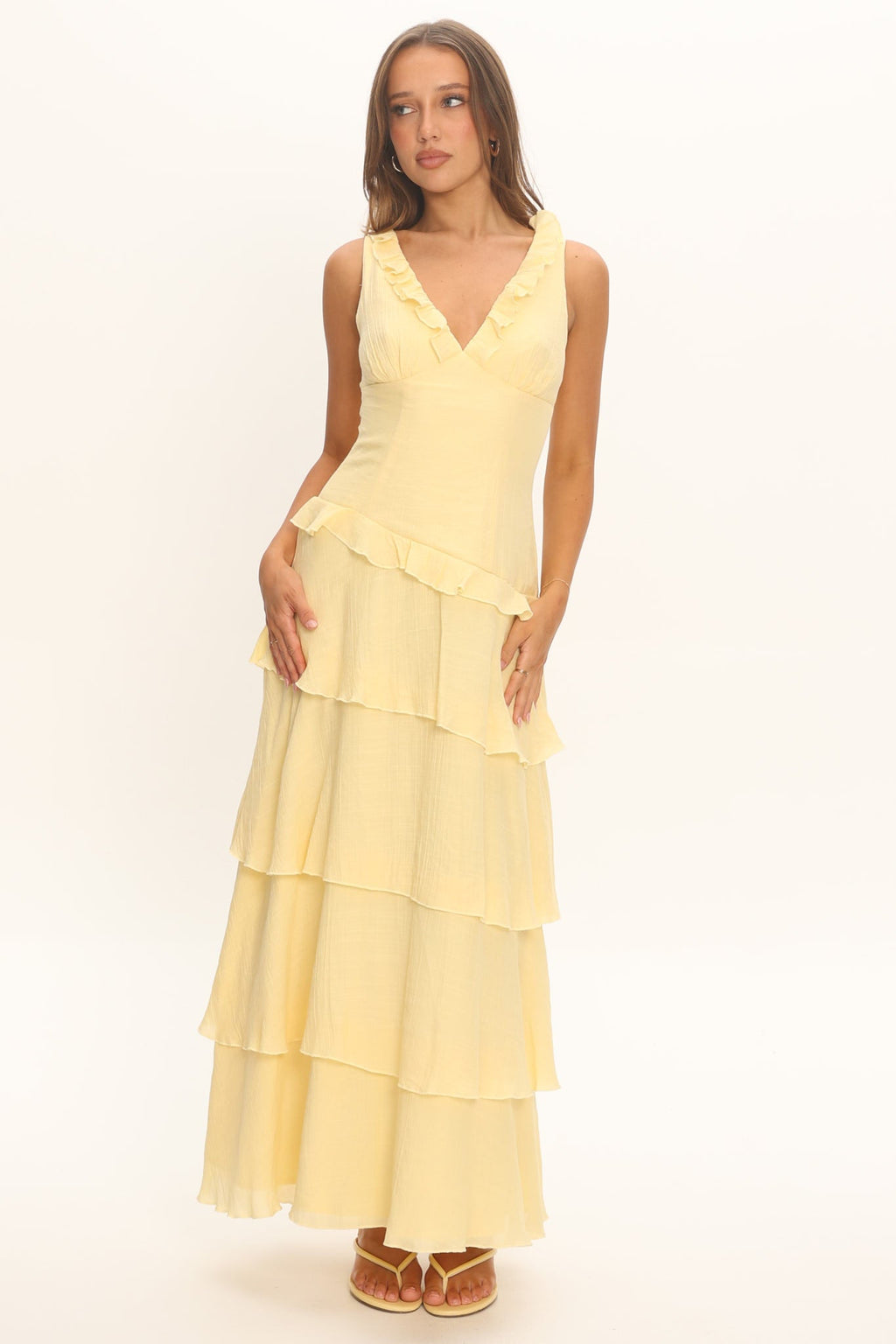 Khlara V-Neck Frill Trim Maxi Dress Butter