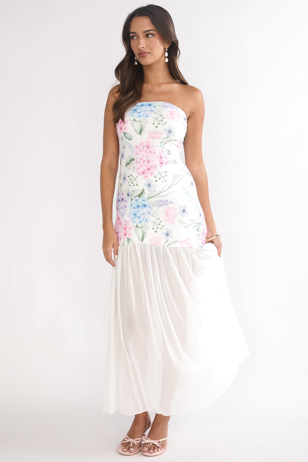 Wilma Sheer Hem Strapless Maxi Dress Flowers Blue