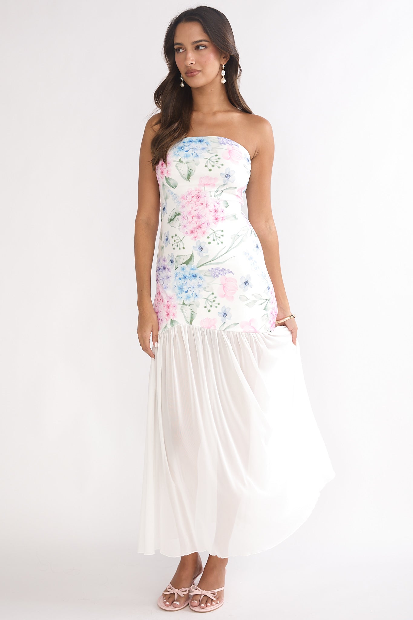 Wilma Sheer Hem Strapless Maxi Dress Flowers Blue
