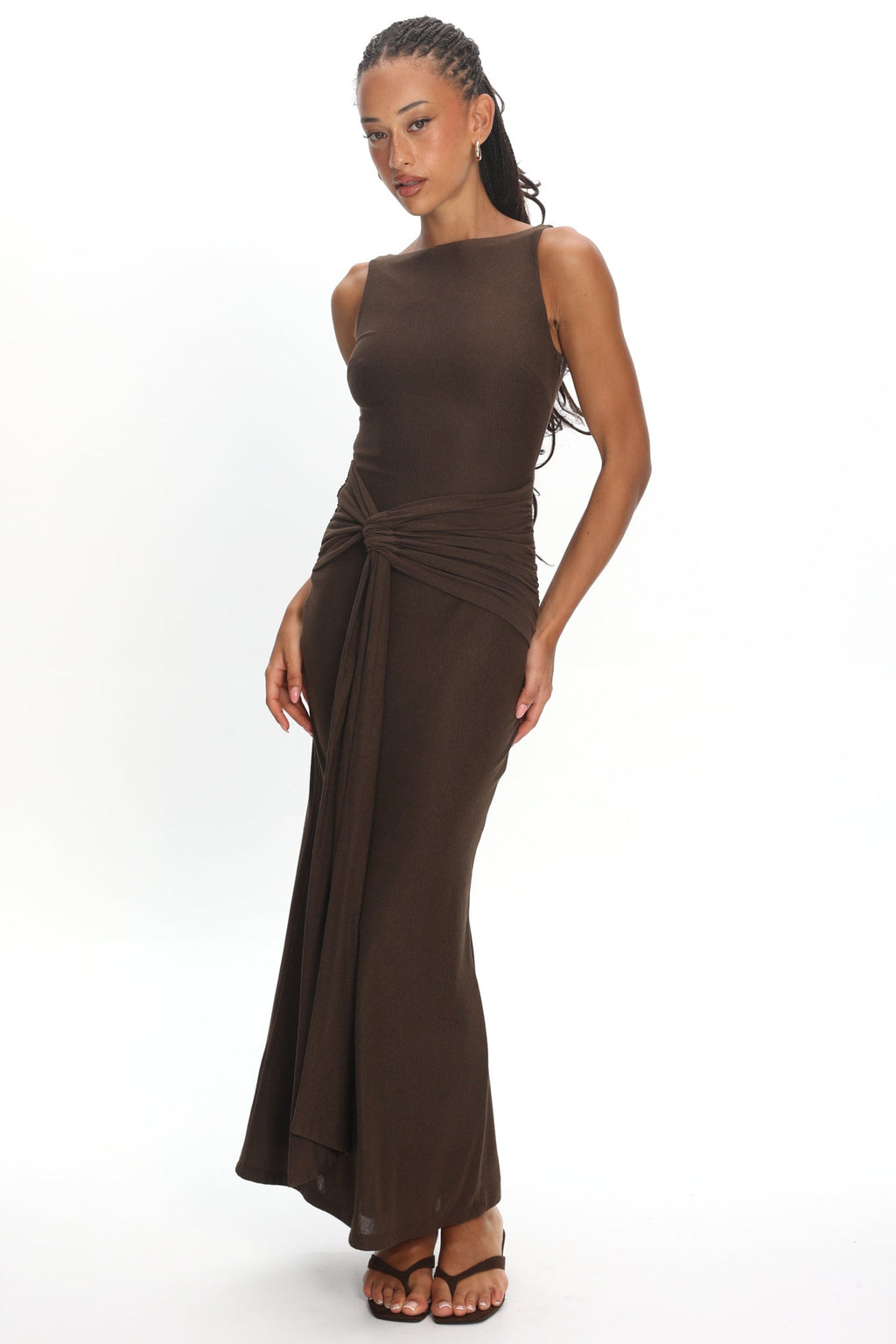 Luli Boat Neck Sash Maxi Dress Chocolate