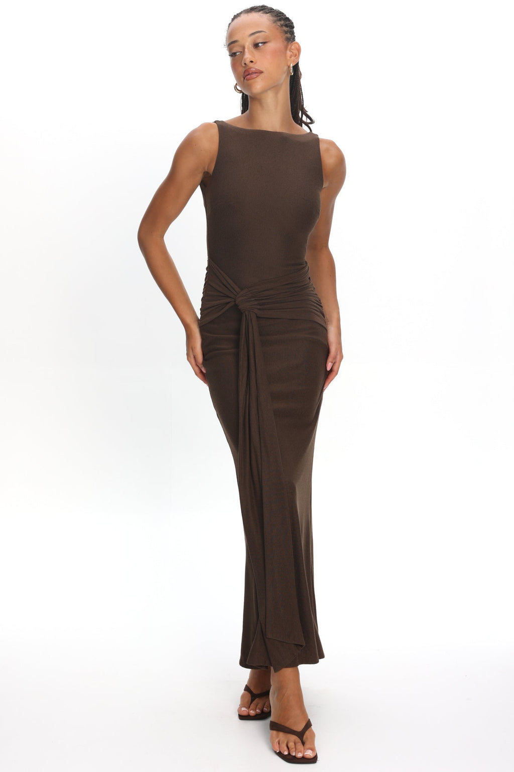 Luli Boat Neck Sash Maxi Dress Chocolate