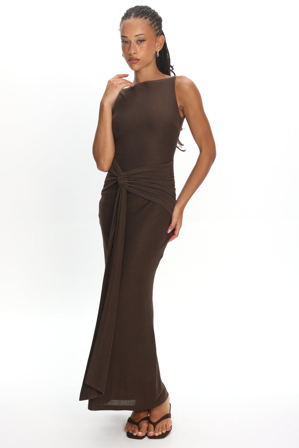 Luli Boat Neck Sash Maxi Dress Chocolate