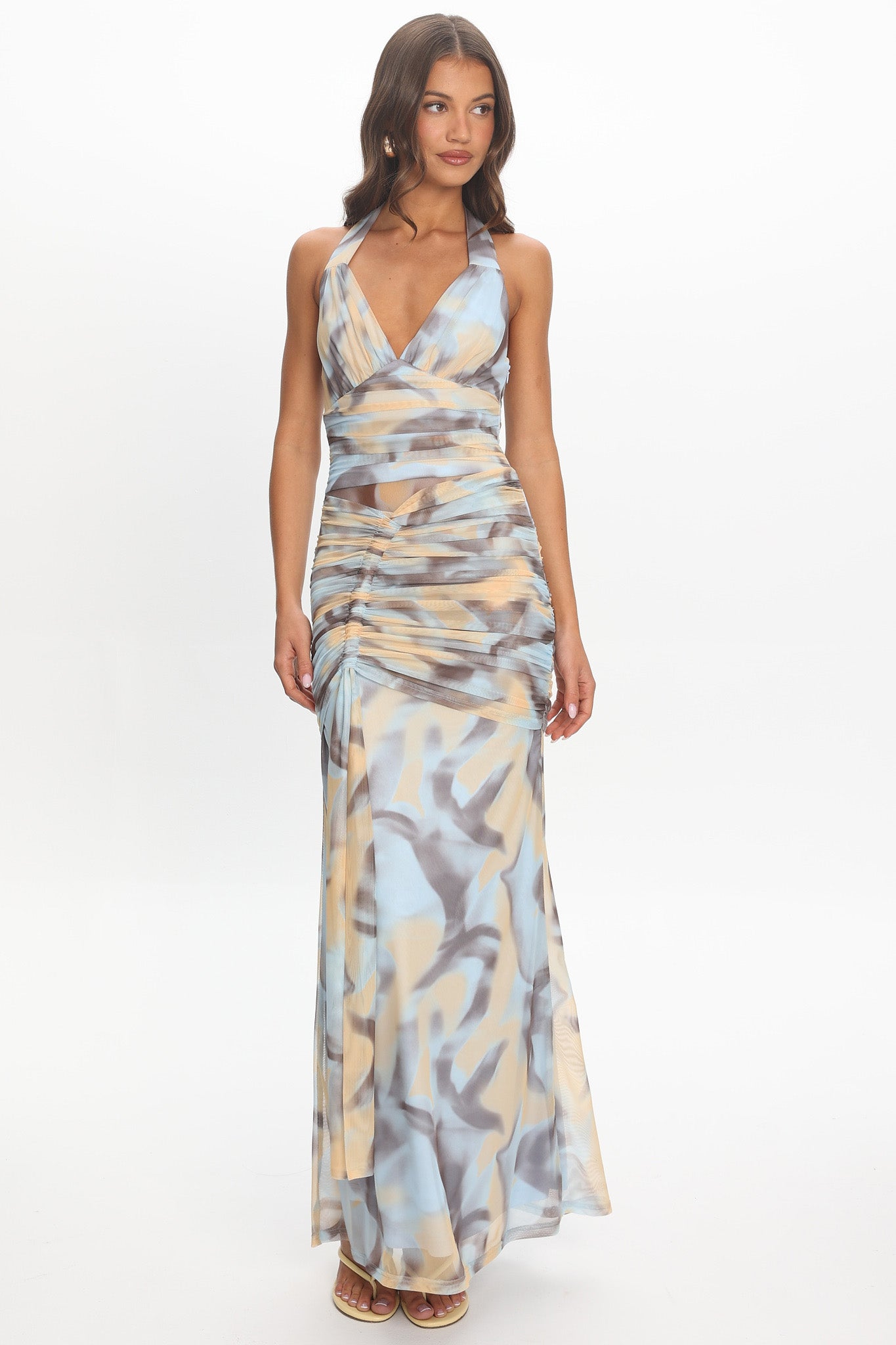 Luli Ruched Halterneck Maxi Dress Abstract Light Blue