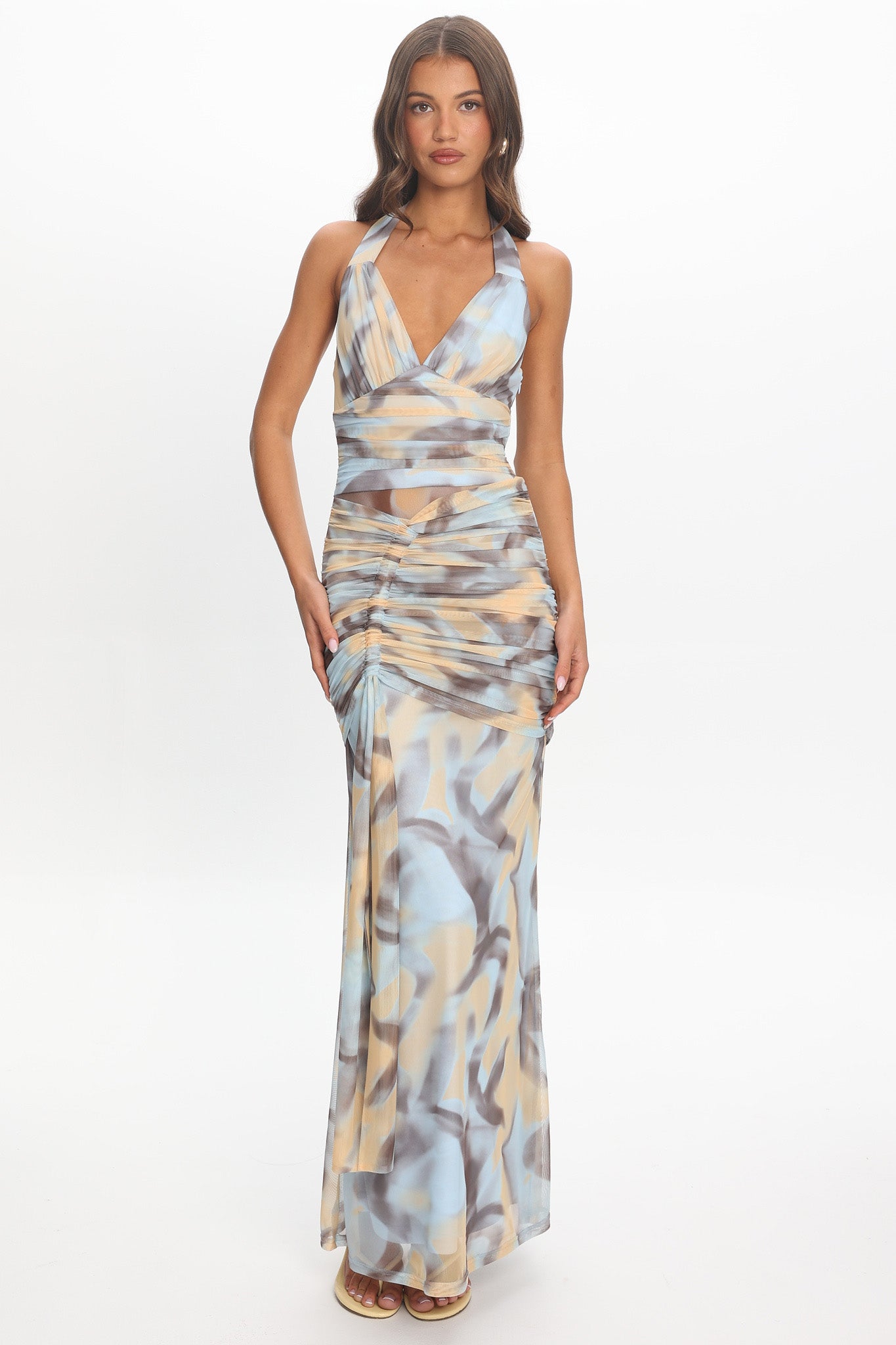 Luli Ruched Halterneck Maxi Dress Abstract Light Blue