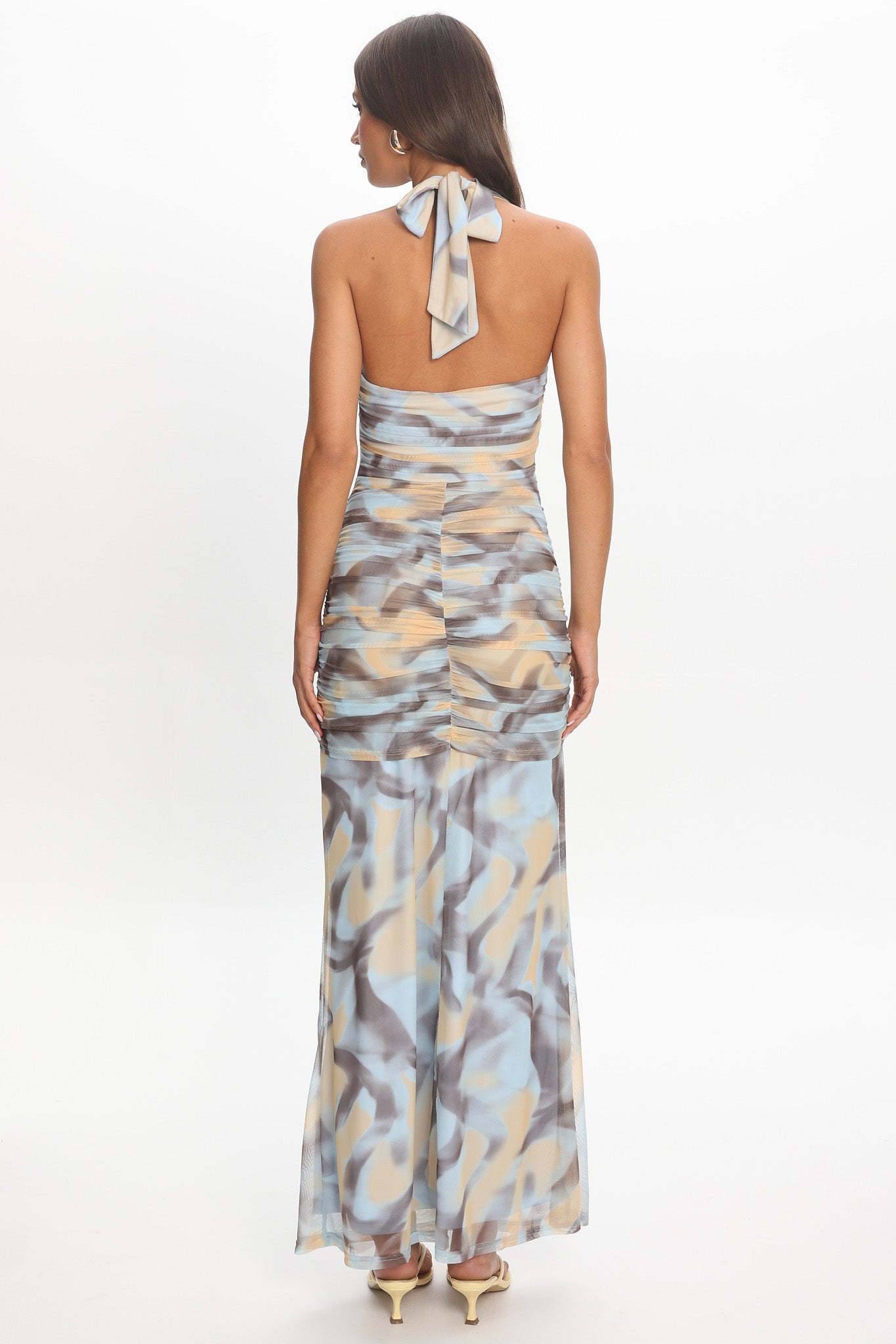 Luli Ruched Halterneck Maxi Dress Abstract Light Blue