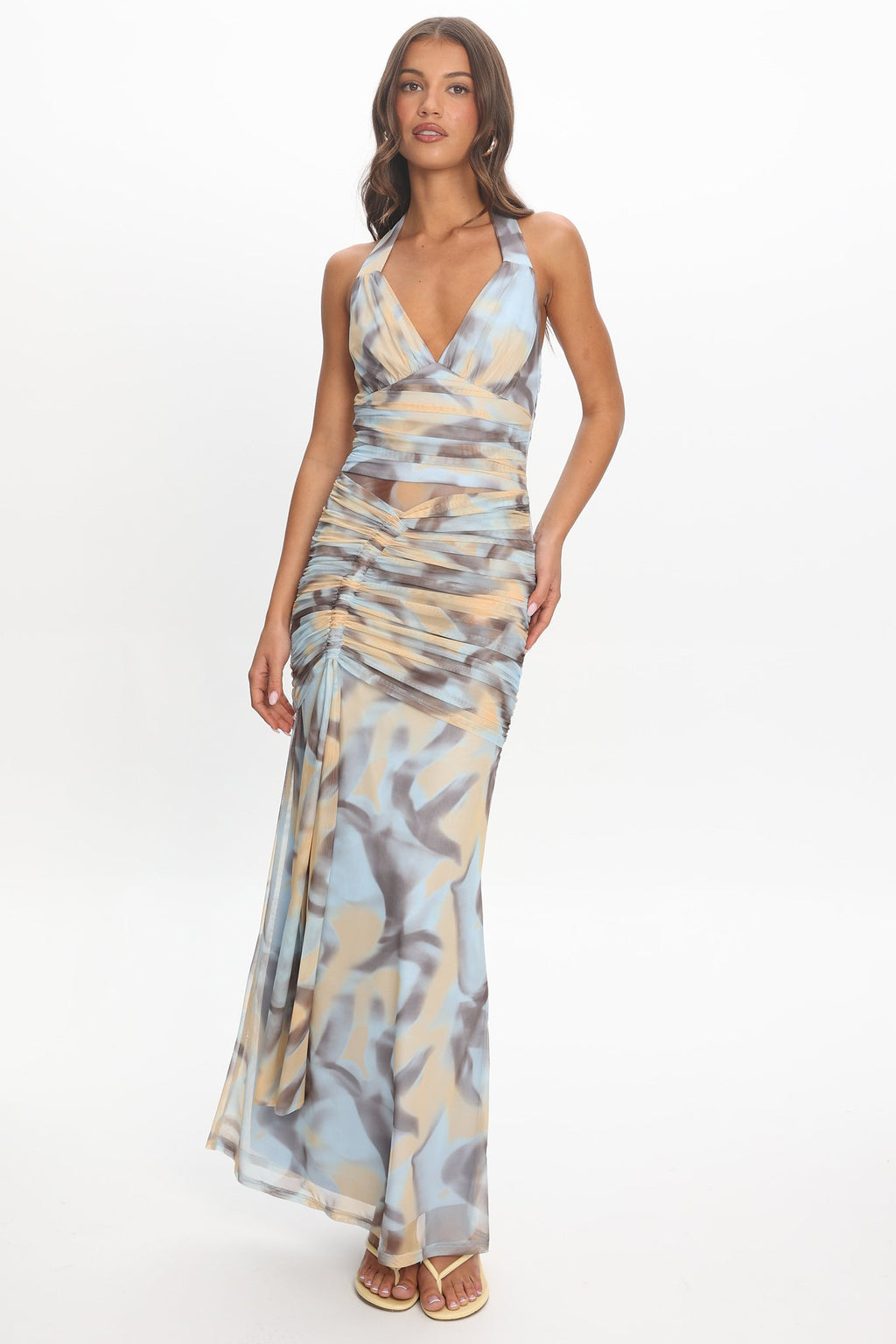 Luli Ruched Halterneck Maxi Dress Abstract Light Blue