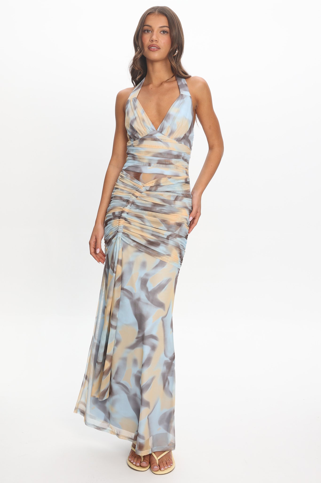 Luli Ruched Halterneck Maxi Dress Abstract Light Blue