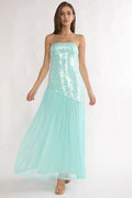 Azure Sun Drop Waist Split Maxi Dress Sequin Aqua