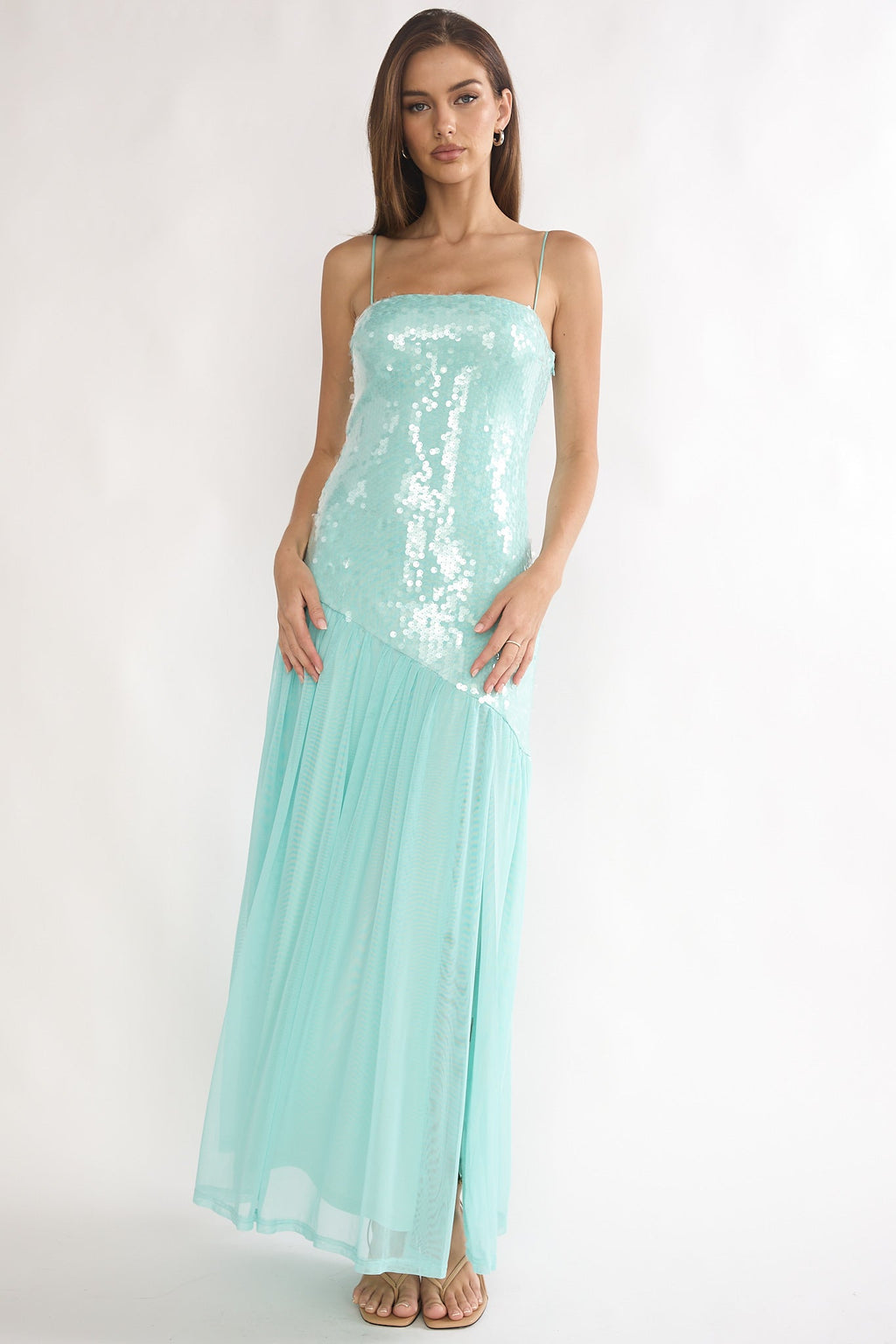 Azure Sun Drop Waist Split Maxi Dress Sequin Aqua