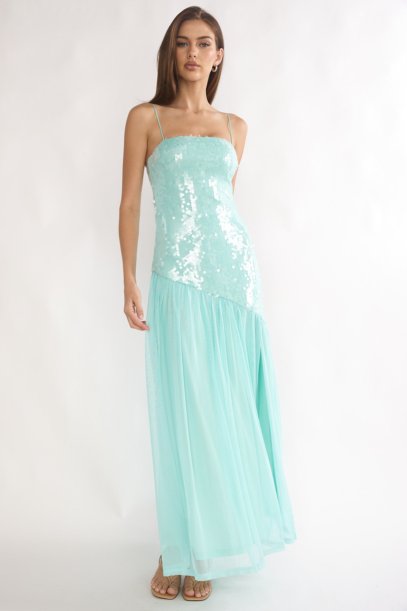 Azure Sun Drop Waist Split Maxi Dress Sequin Aqua