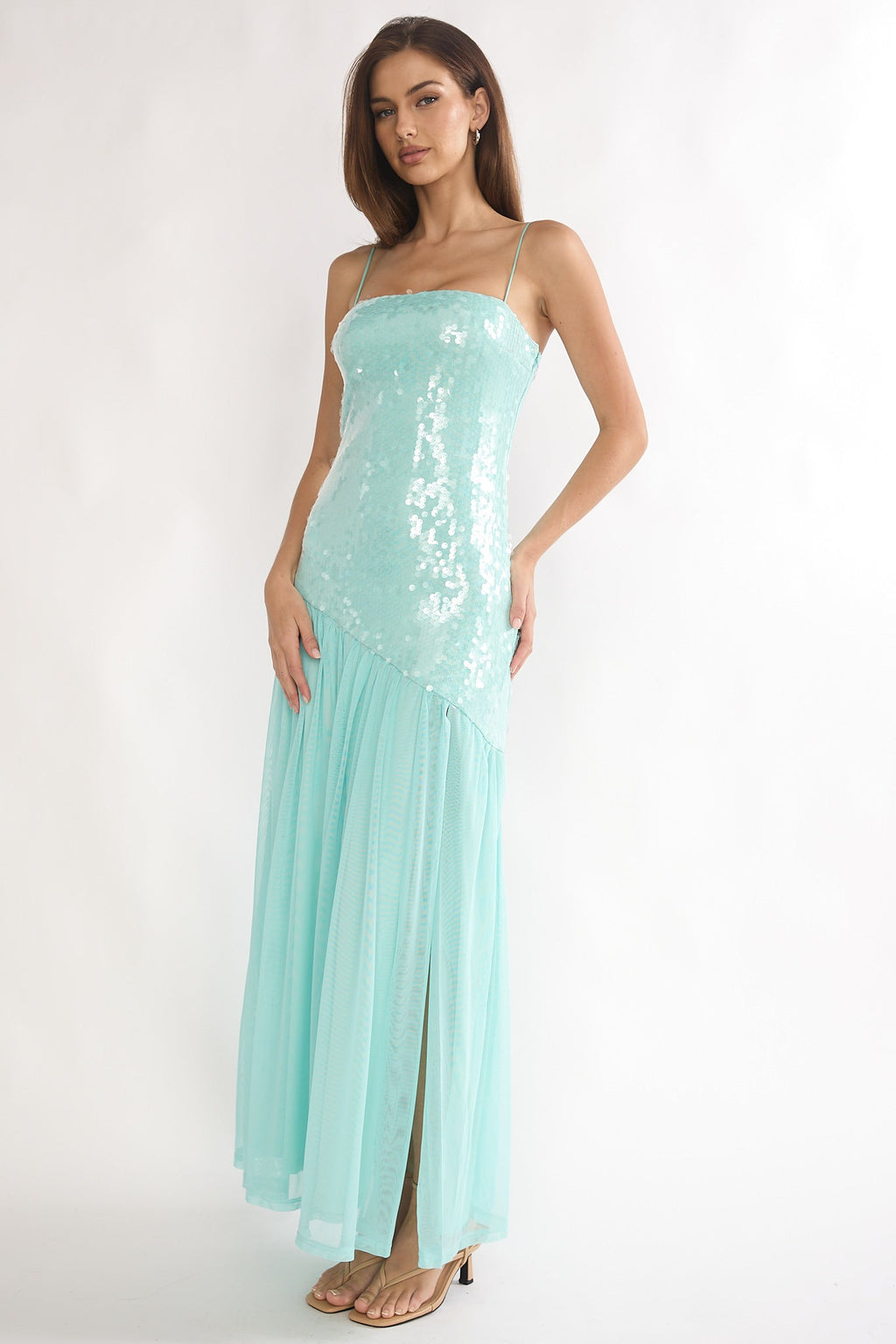 Azure Sun Drop Waist Split Maxi Dress Sequin Aqua