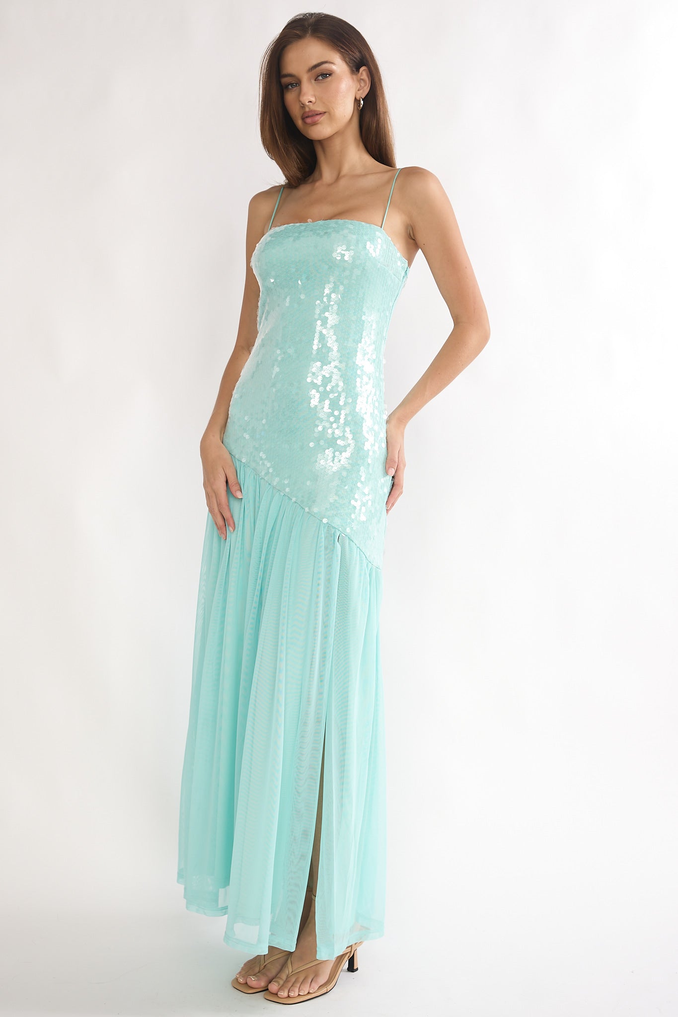 Azure Sun Drop Waist Split Maxi Dress Sequin Aqua