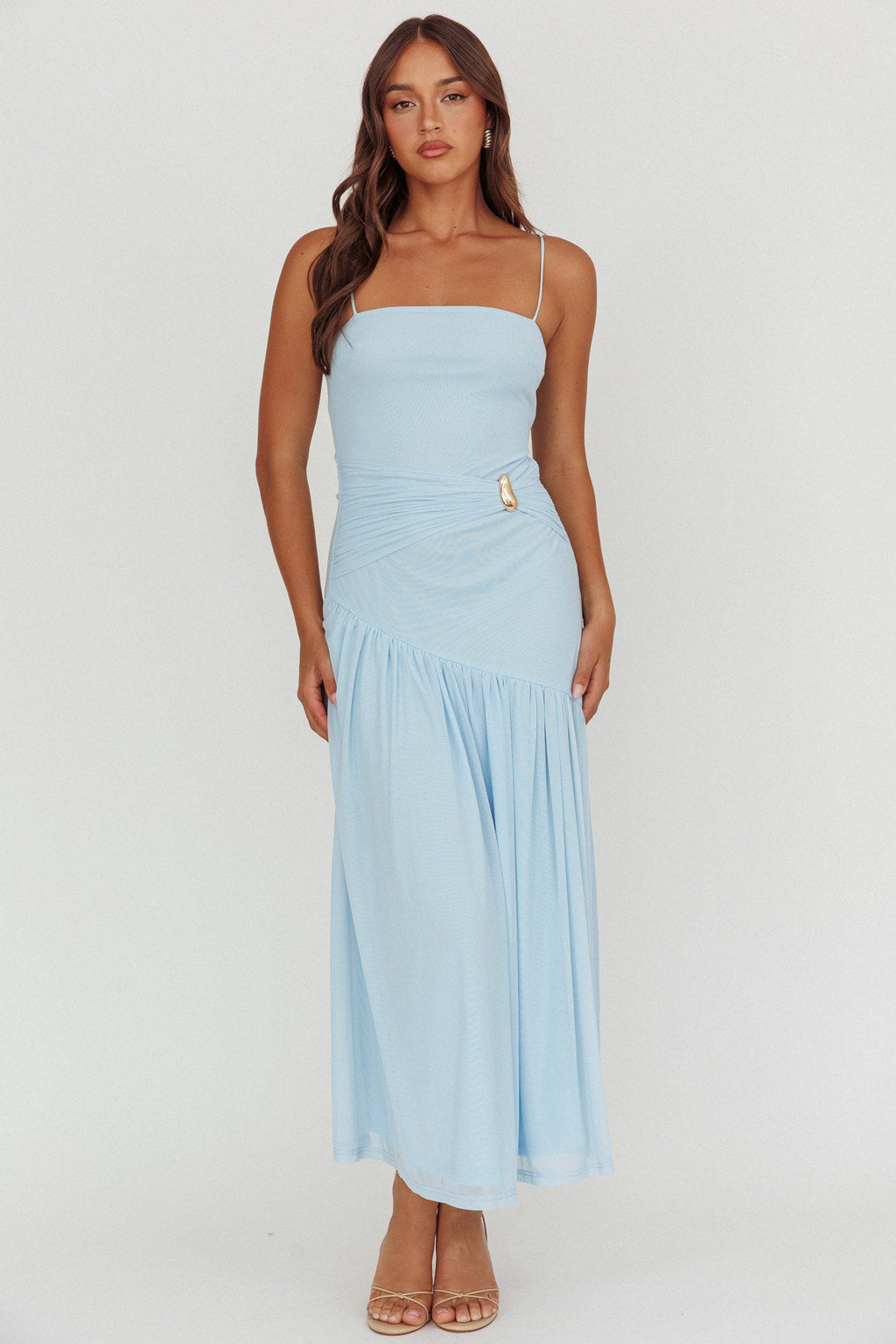 Azure Sun Drop Waist Split Maxi Dress Light Blue