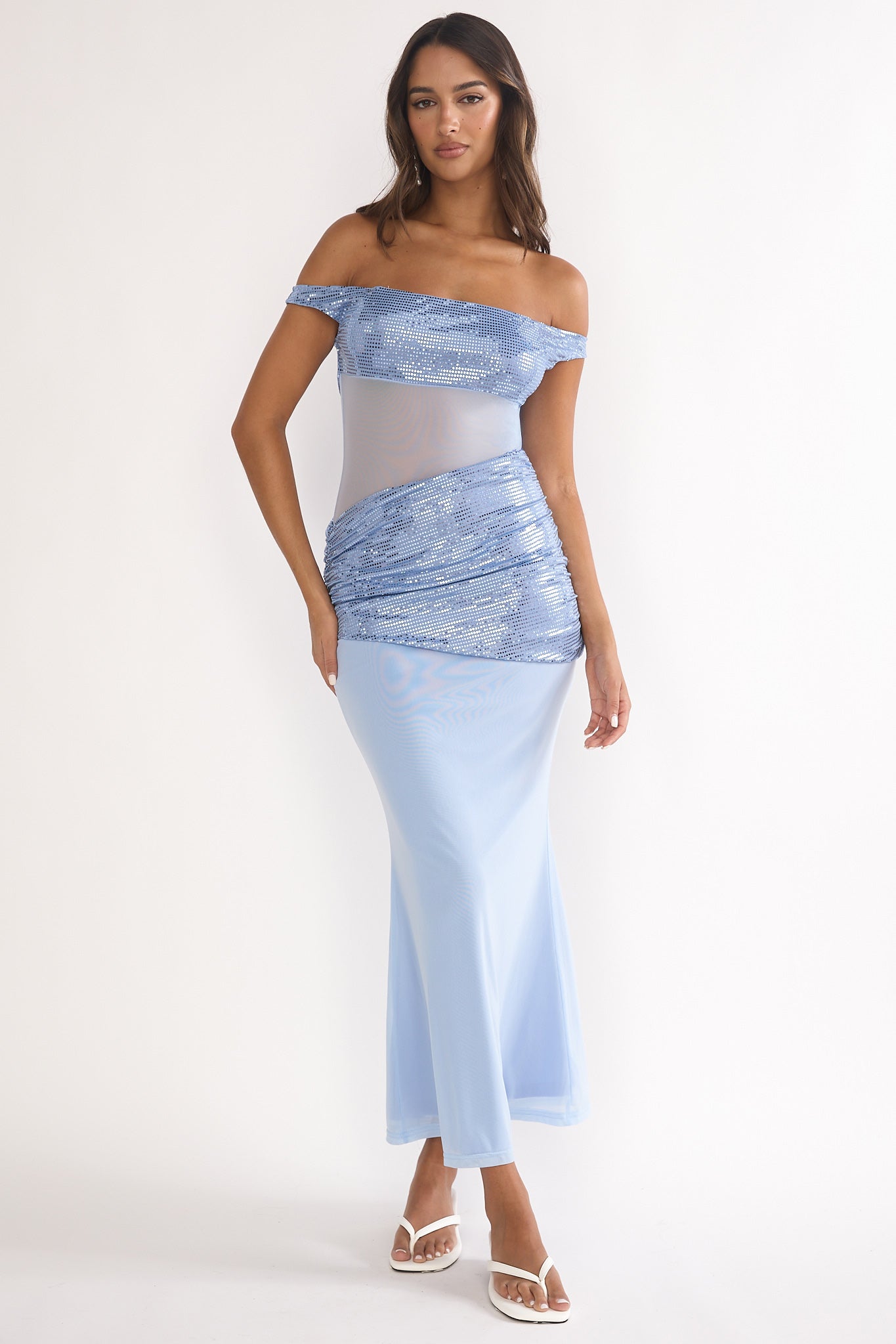 Bellora Off-Shoulder Sequin Trim Maxi Dress Blue