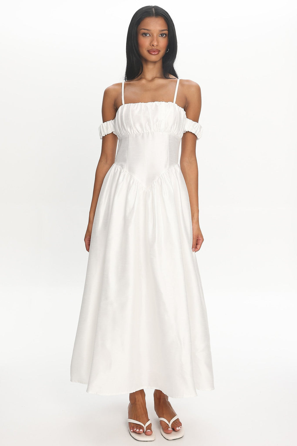 Heavens Above Off-Shoulder Basque Waist Midi Dress Ivory