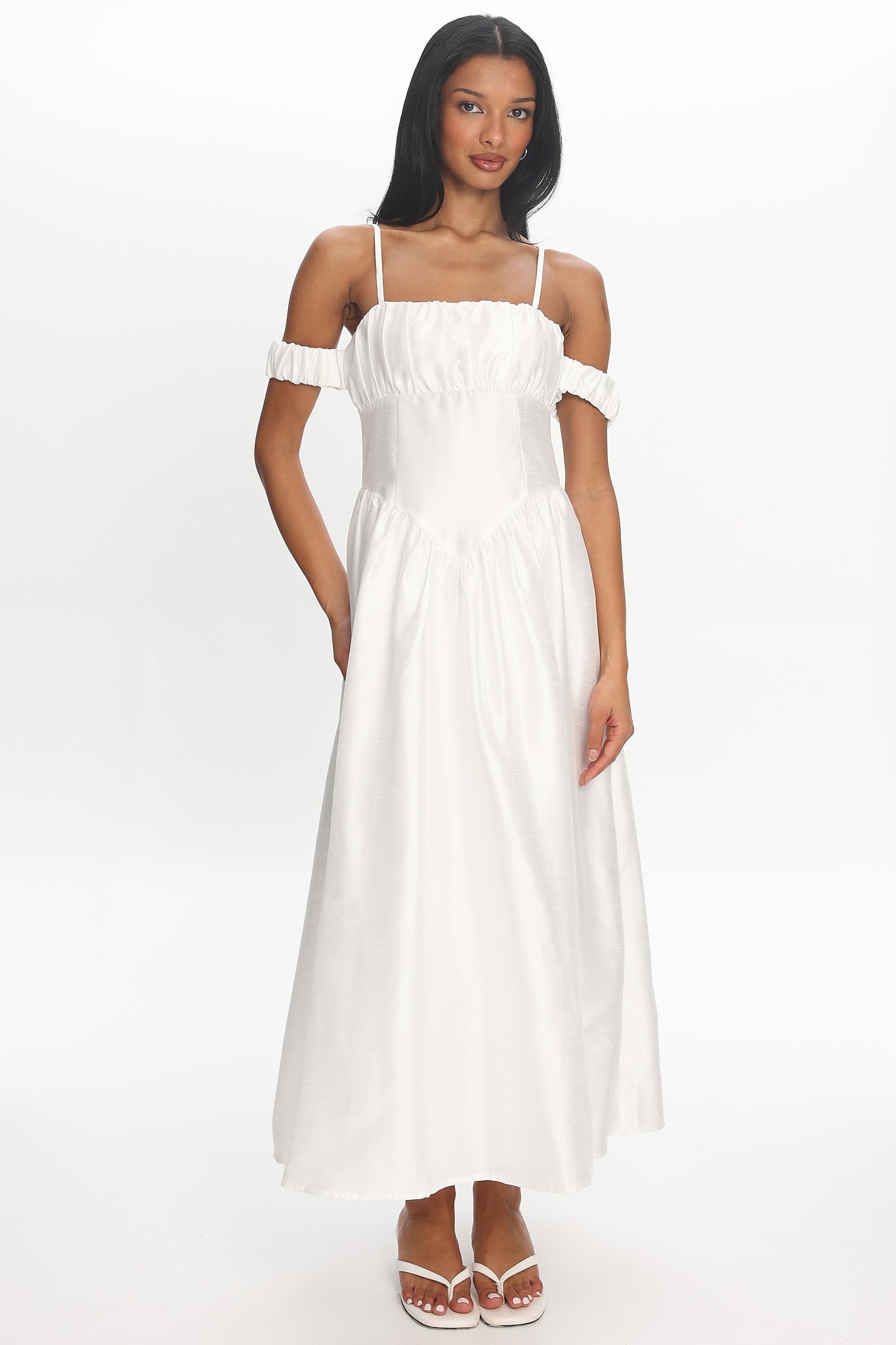 Heavens Above Off-Shoulder Basque Waist Midi Dress Ivory