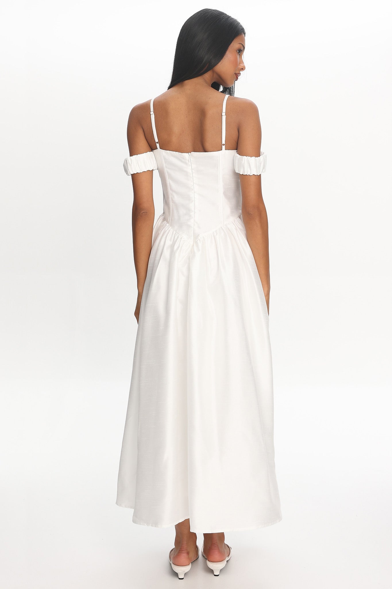 Heavens Above Off-Shoulder Basque Waist Midi Dress Ivory