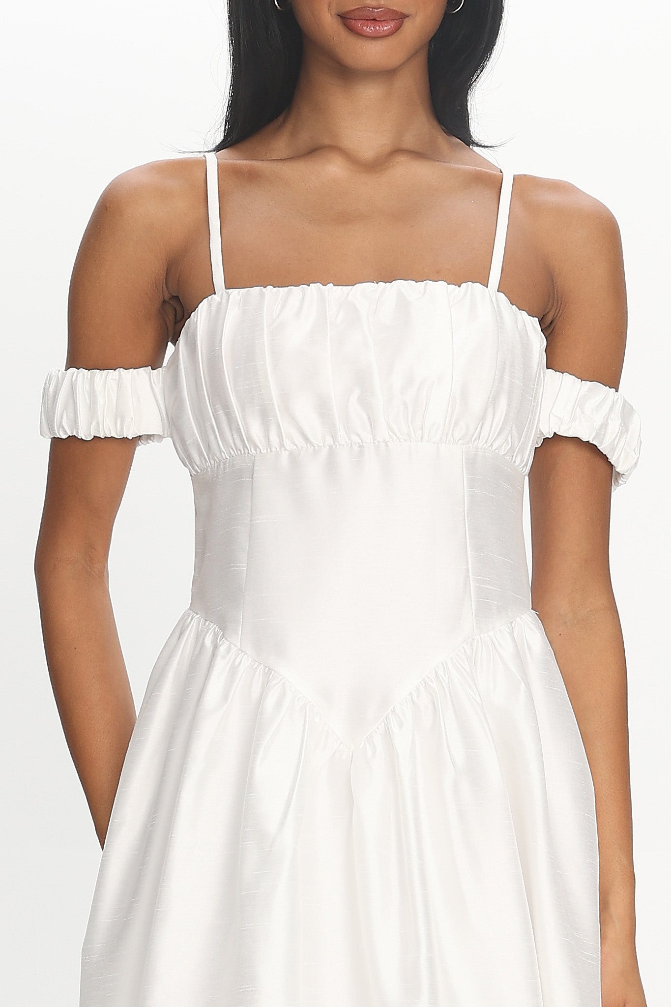 Heavens Above Off-Shoulder Basque Waist Midi Dress Ivory