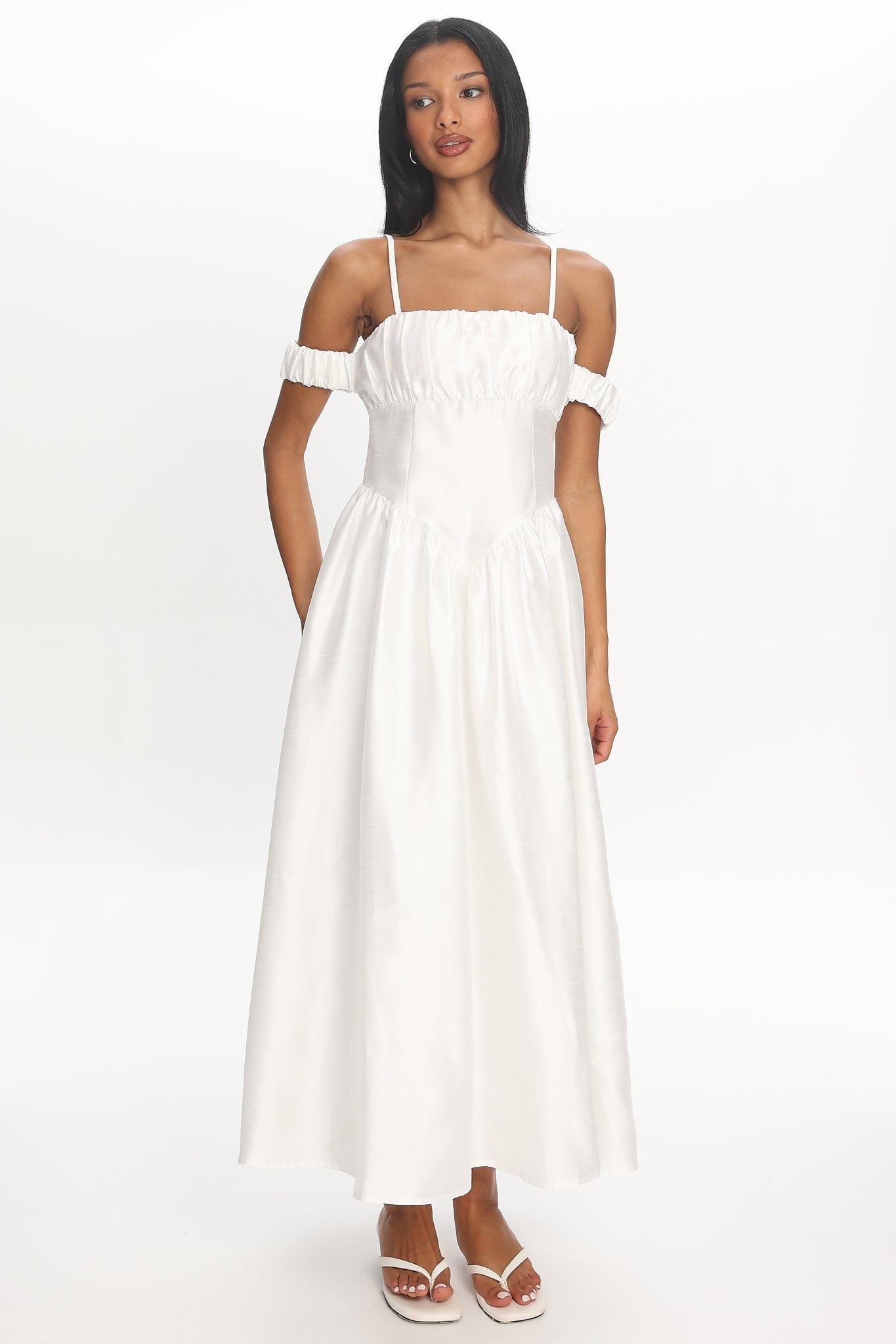 Heavens Above Off-Shoulder Basque Waist Midi Dress Ivory