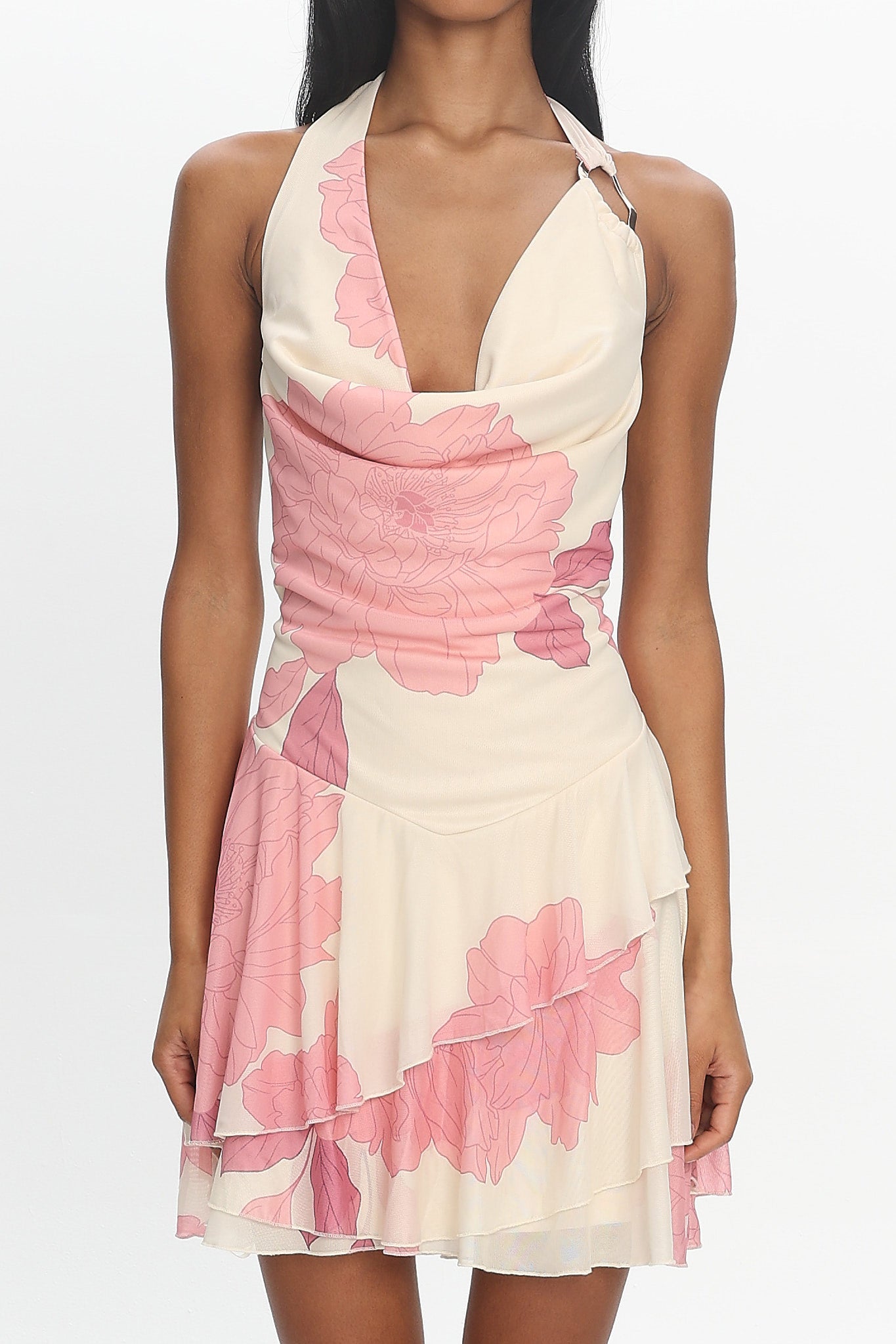 Sumi Cowl Ruffle Mini Dress Floral Blush