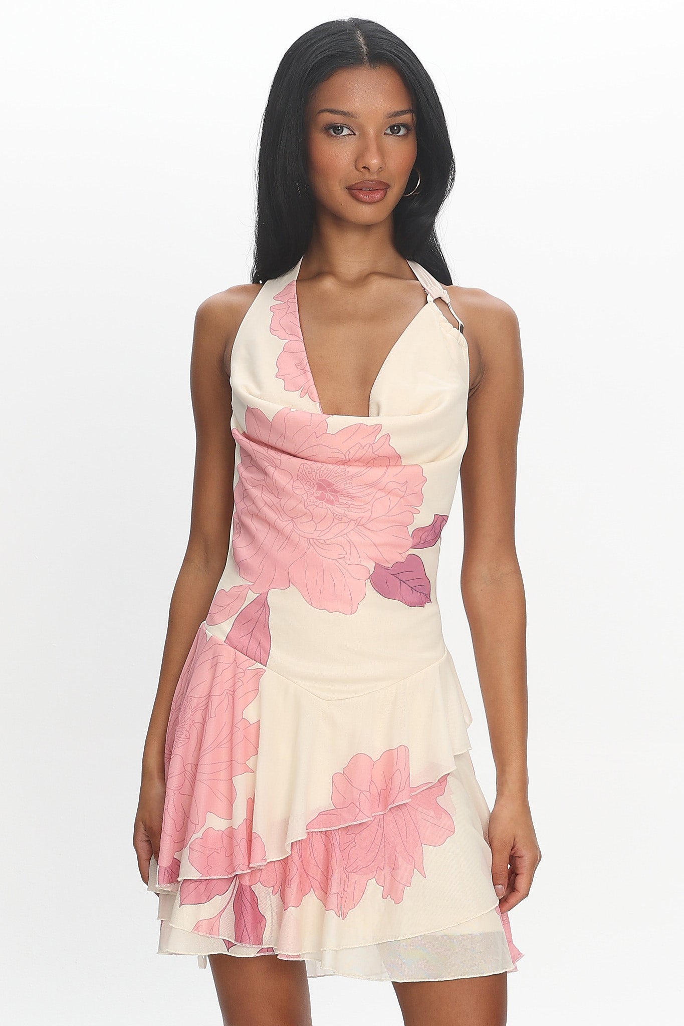Sumi Cowl Ruffle Mini Dress Floral Blush