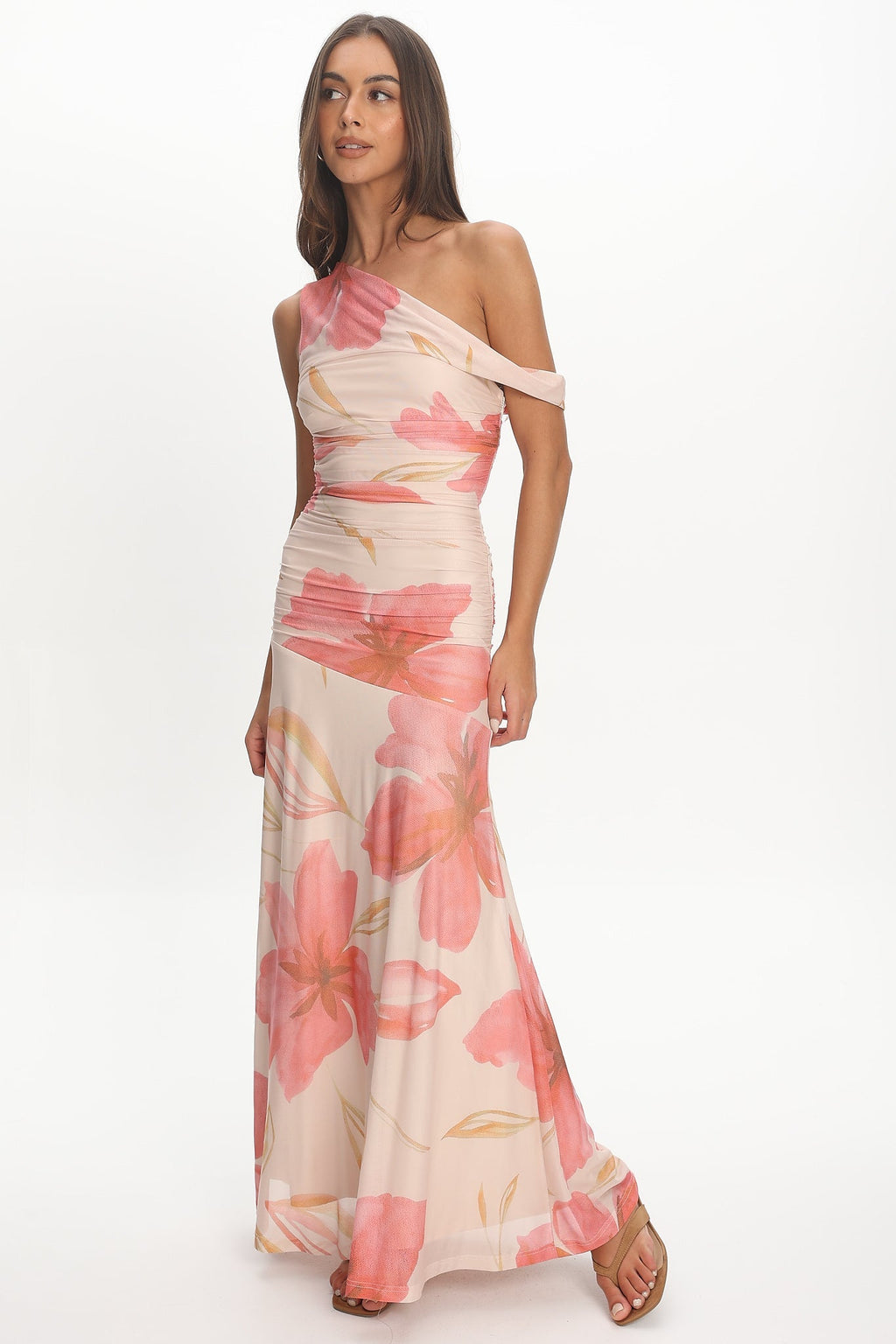 Lylah Asymmetric Neckline Mesh Maxi Dress Floral