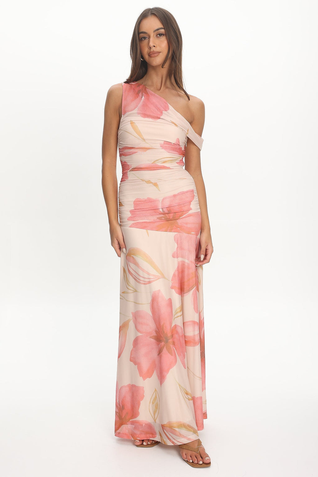 Lylah Asymmetric Neckline Mesh Maxi Dress Floral