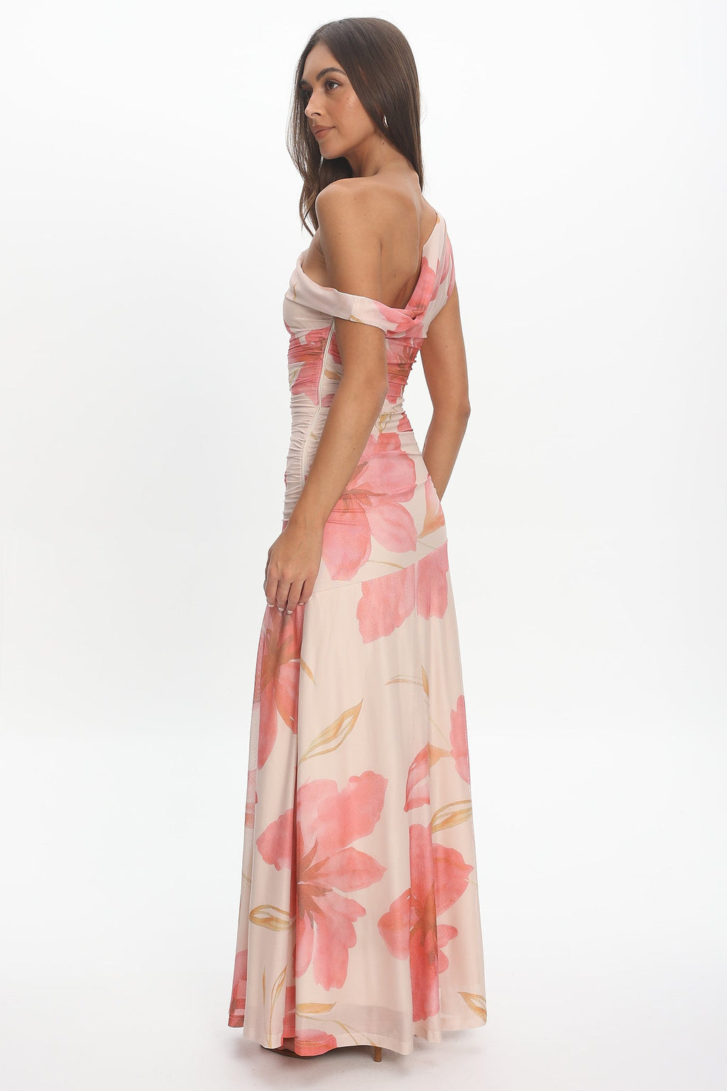 Lylah Asymmetric Neckline Mesh Maxi Dress Floral