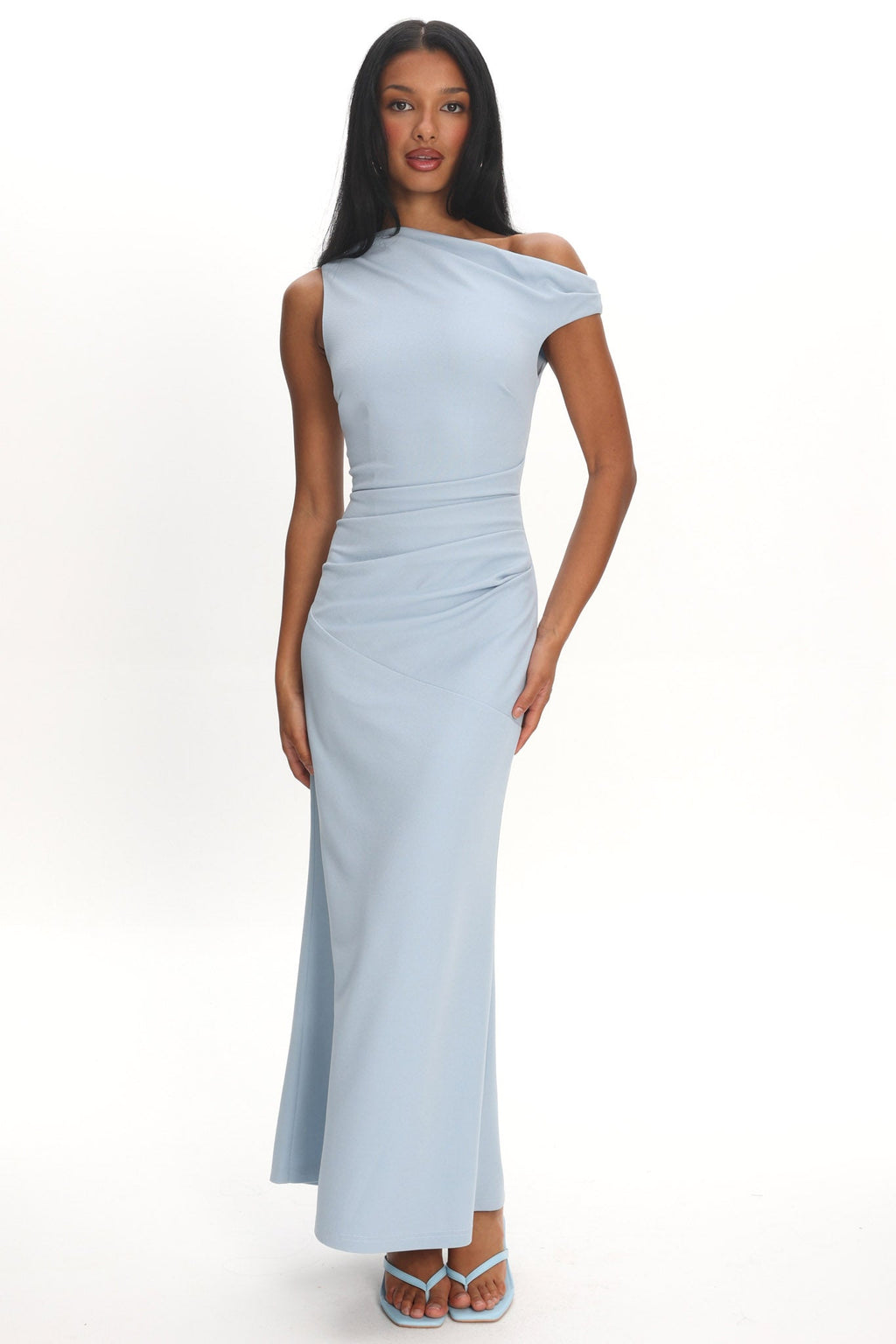 Lylah Asymmetric Neckline Mesh Maxi Dress Light Blue