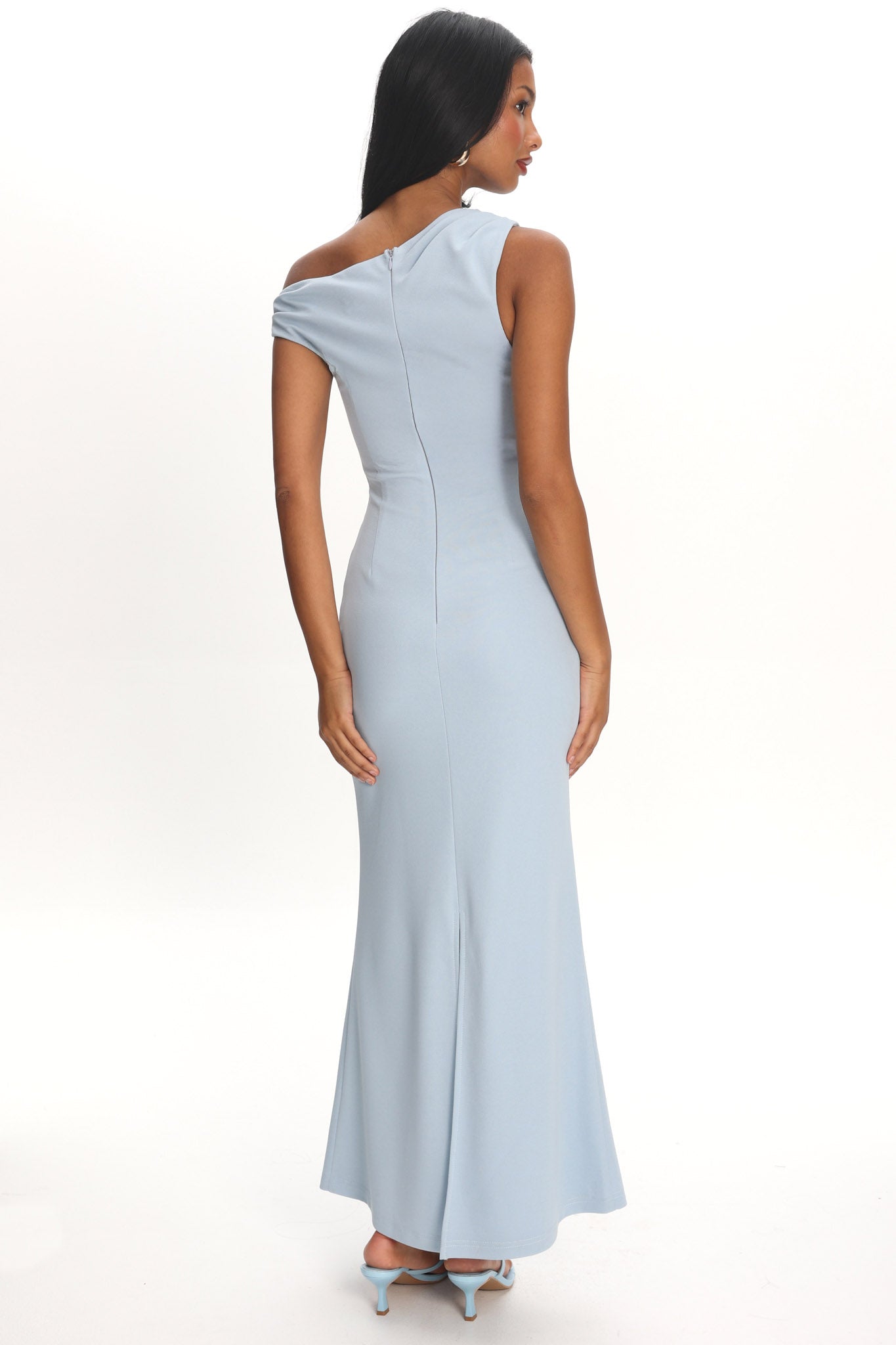 Lylah Asymmetric Neckline Mesh Maxi Dress Light Blue