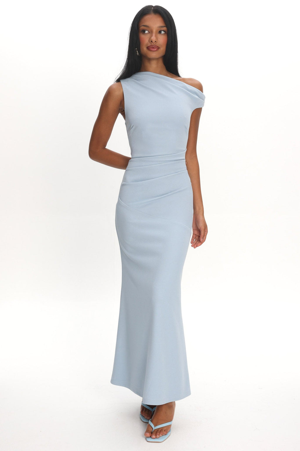 Lylah Asymmetric Neckline Mesh Maxi Dress Light Blue