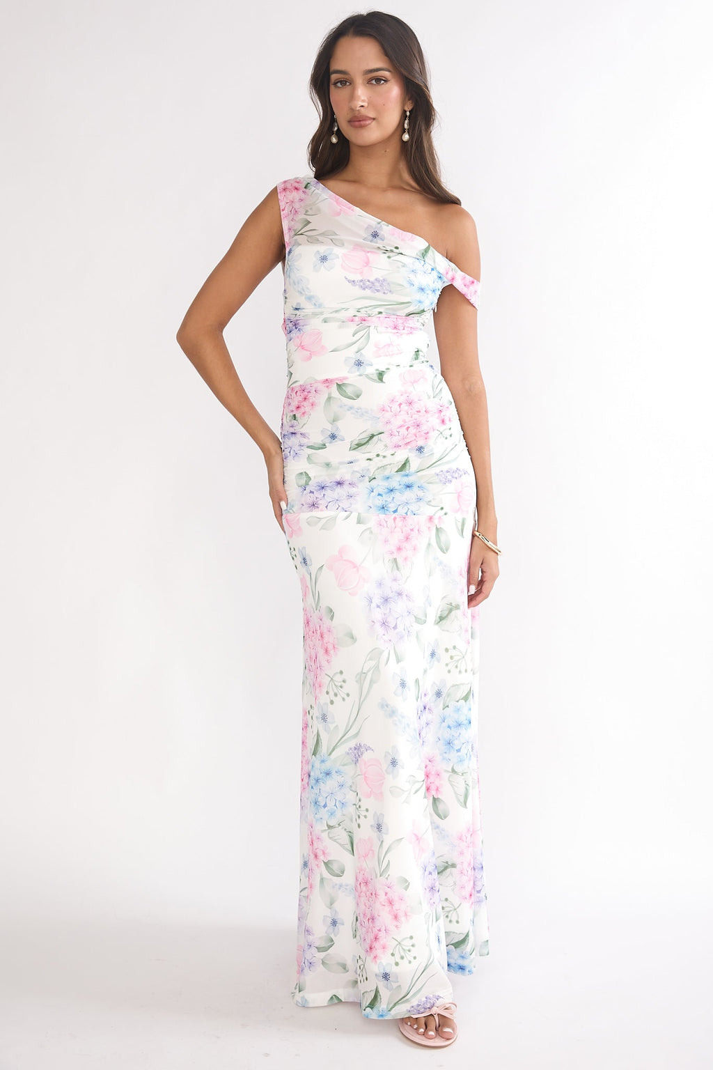 Lylah Asymmetric Neckline Mesh Maxi Dress Floral Blue