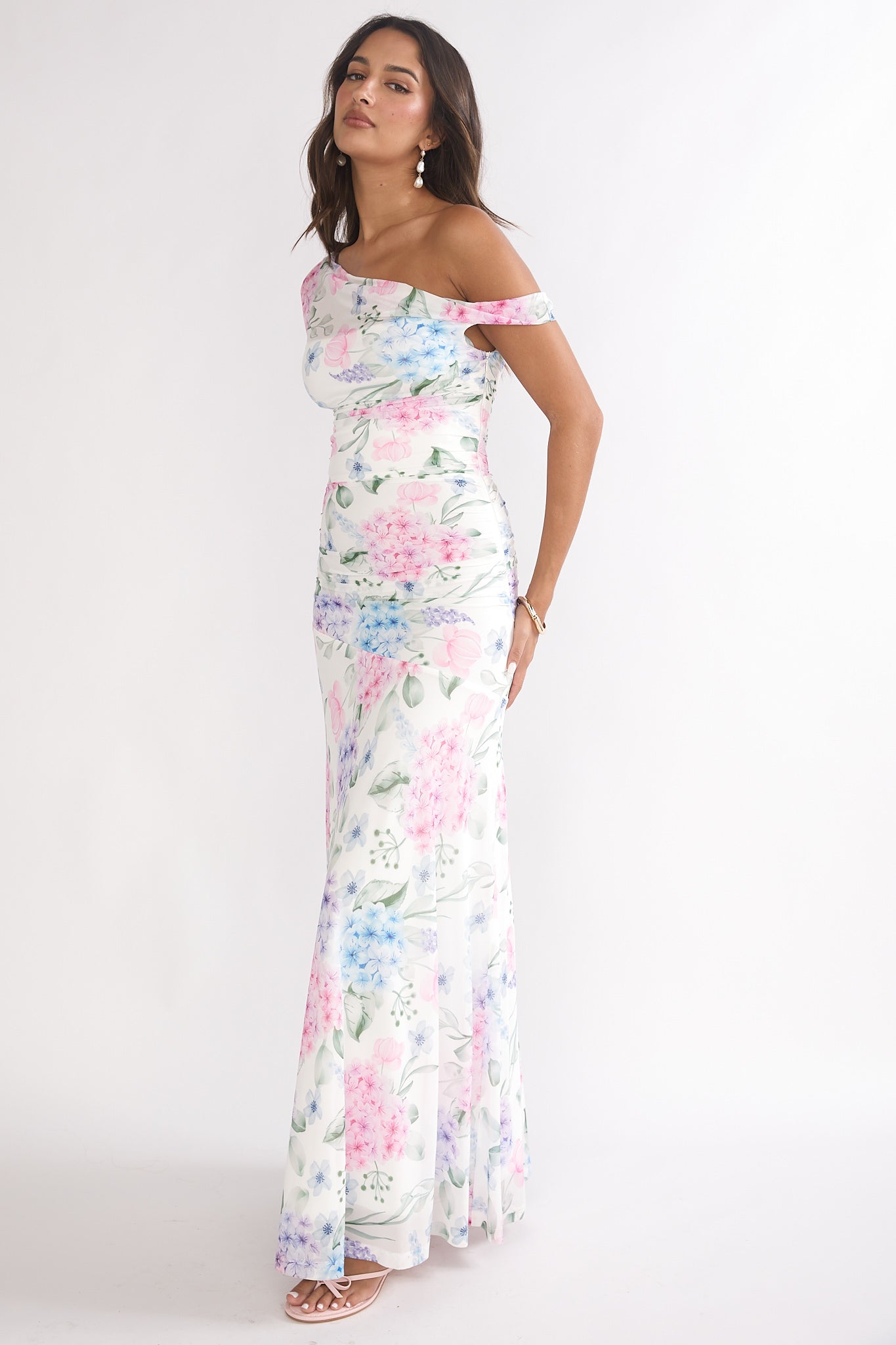 Lylah Asymmetric Neckline Mesh Maxi Dress Floral Blue
