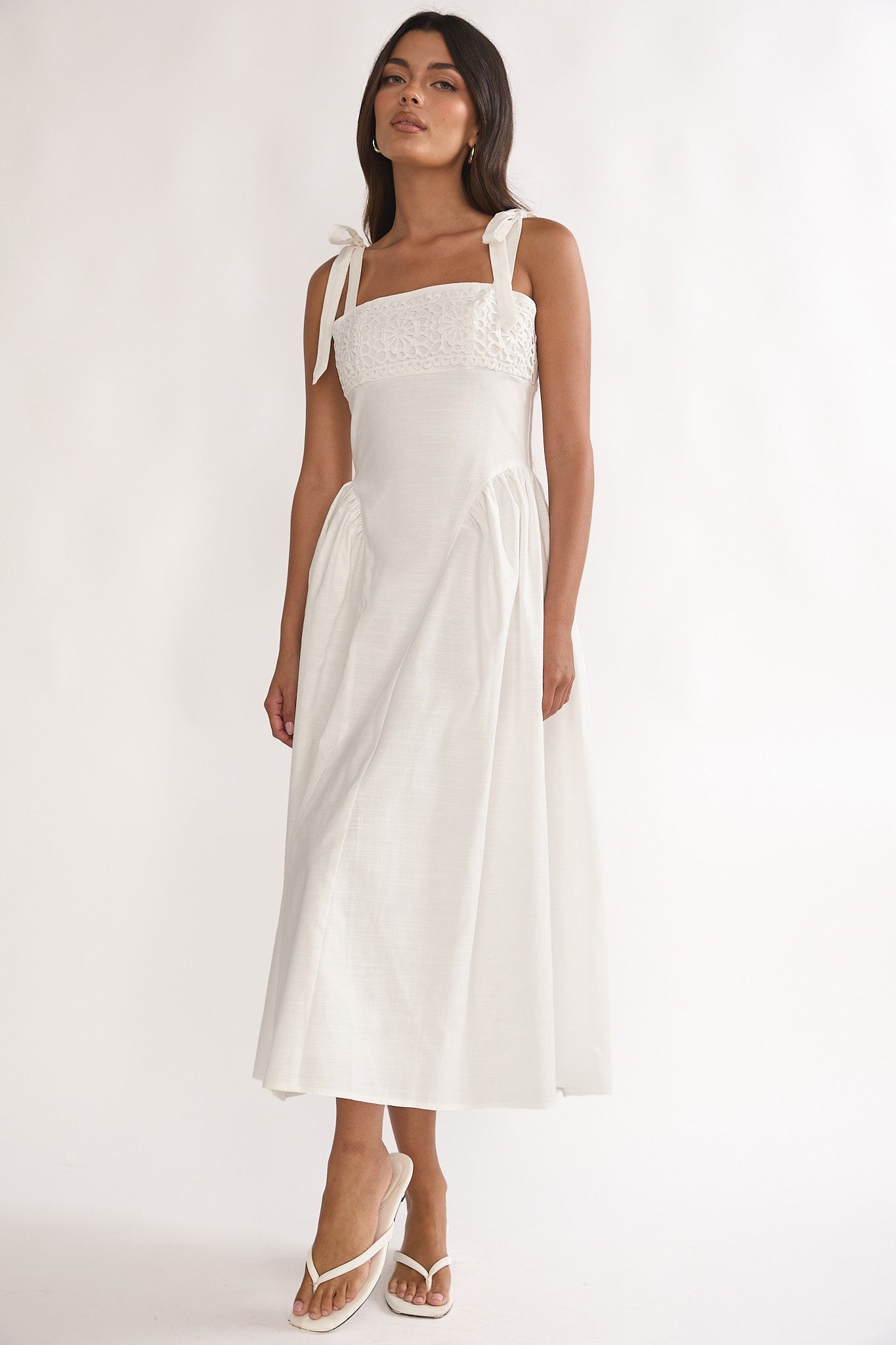 Morgana Tied Shoulder Applique Midi Dress Off White