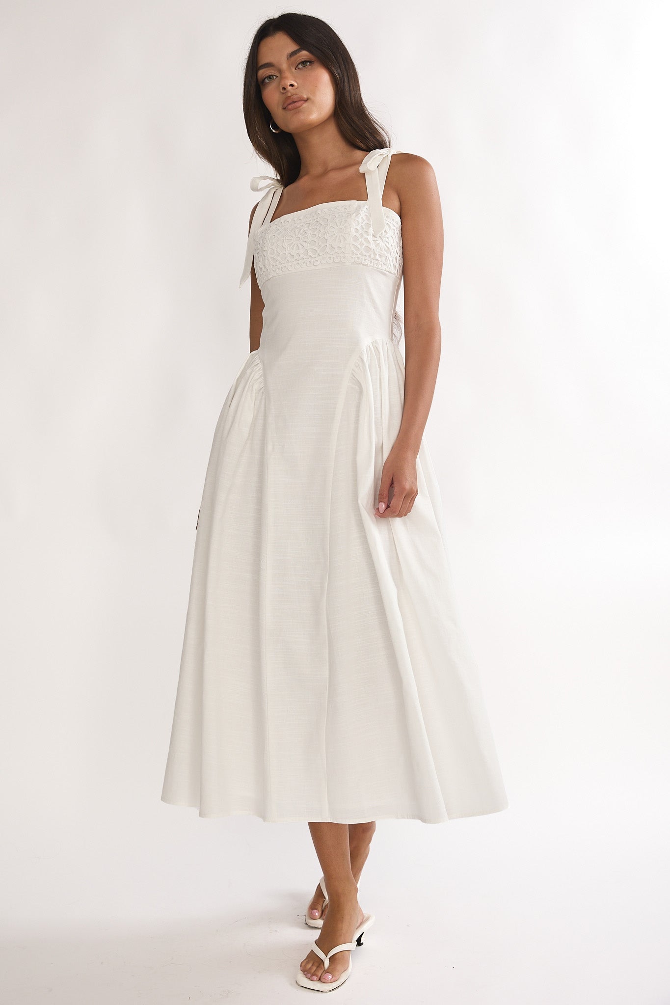 Morgana Tied Shoulder Applique Midi Dress Off White