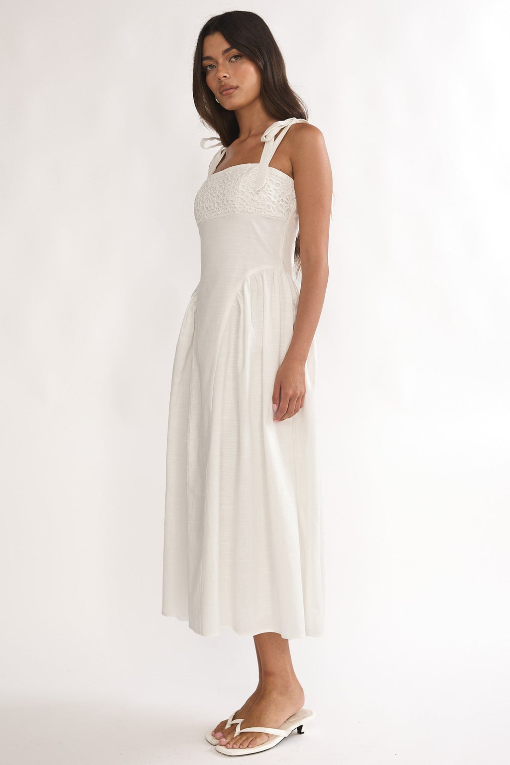 Morgana Tied Shoulder Applique Midi Dress Off White