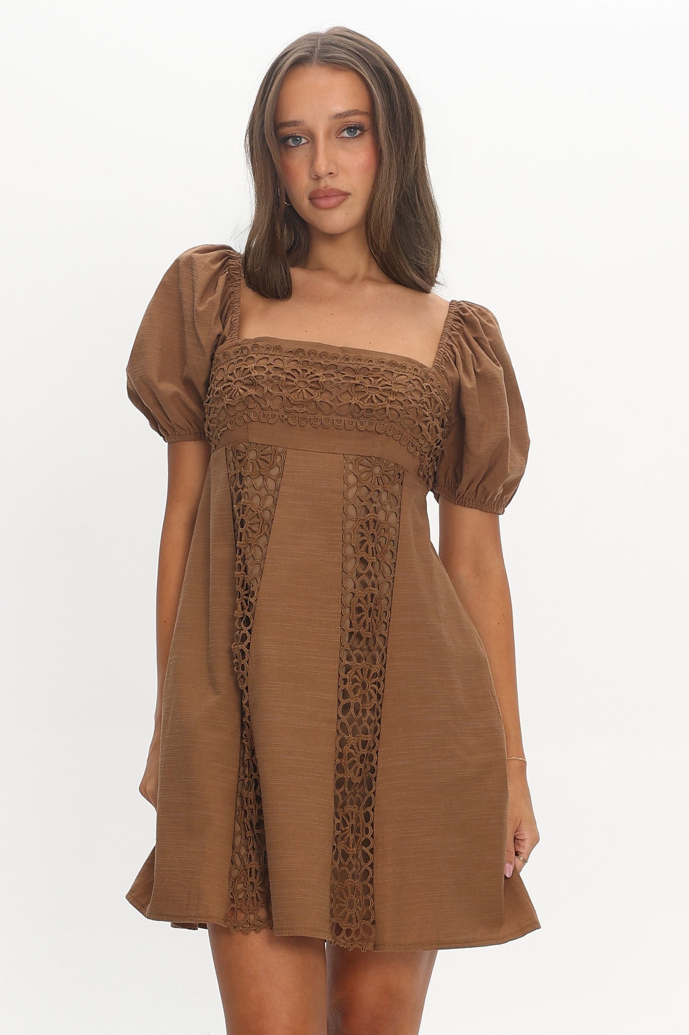Highlight Reels Puff Sleeve Lace Mini Dress Chocolate