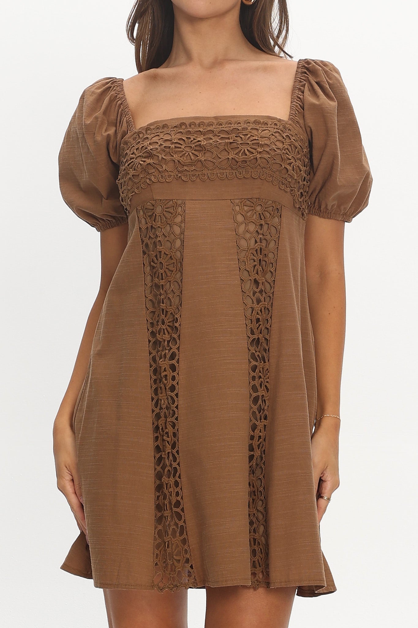 Highlight Reels Puff Sleeve Lace Mini Dress Chocolate