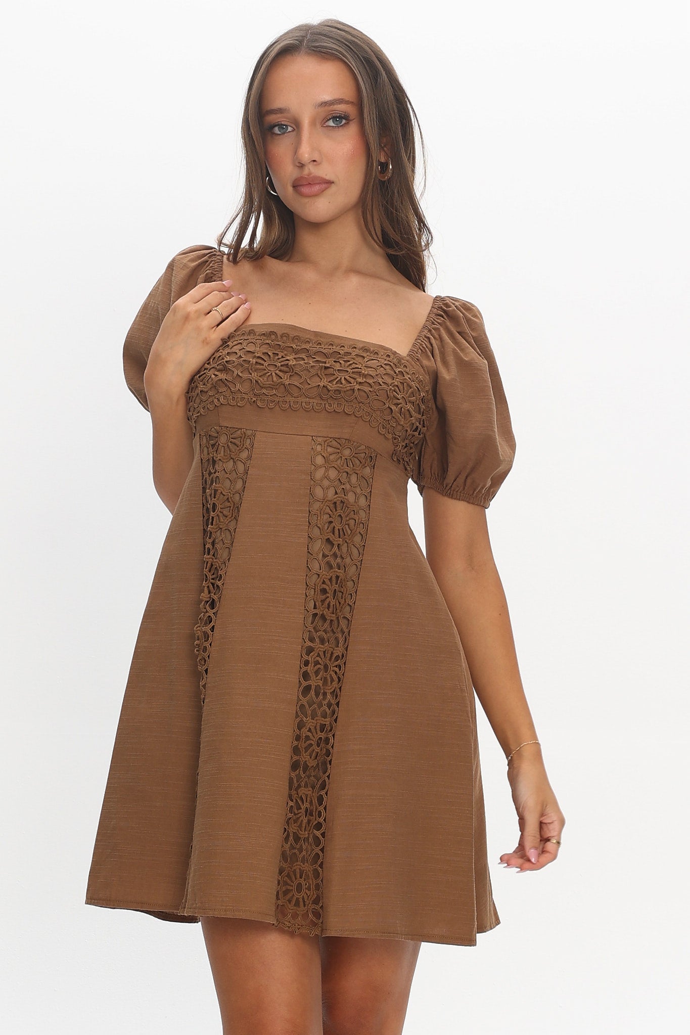 Highlight Reels Puff Sleeve Lace Mini Dress Chocolate