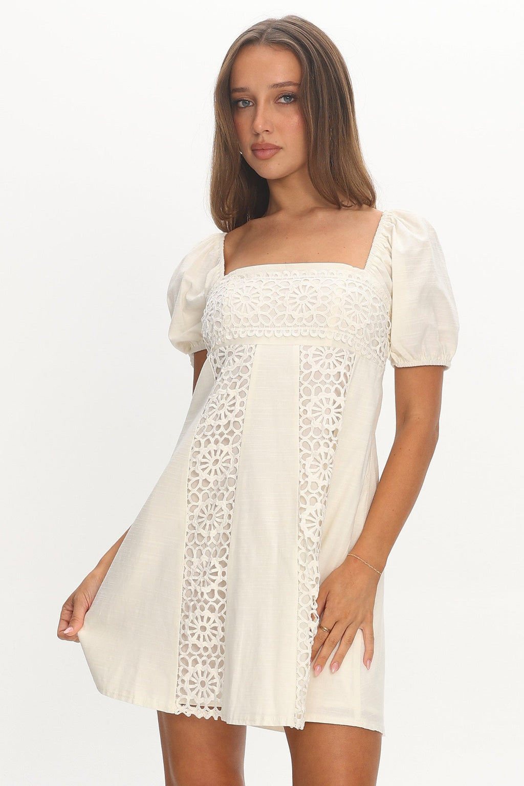 Highlight Reels Puff Sleeve Lace Mini Dress Cream
