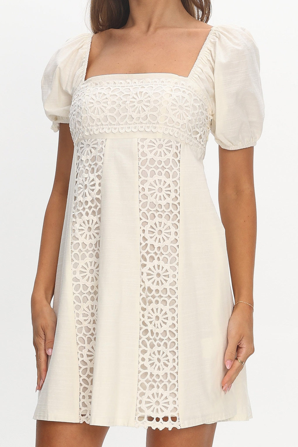 Highlight Reels Puff Sleeve Lace Mini Dress Cream