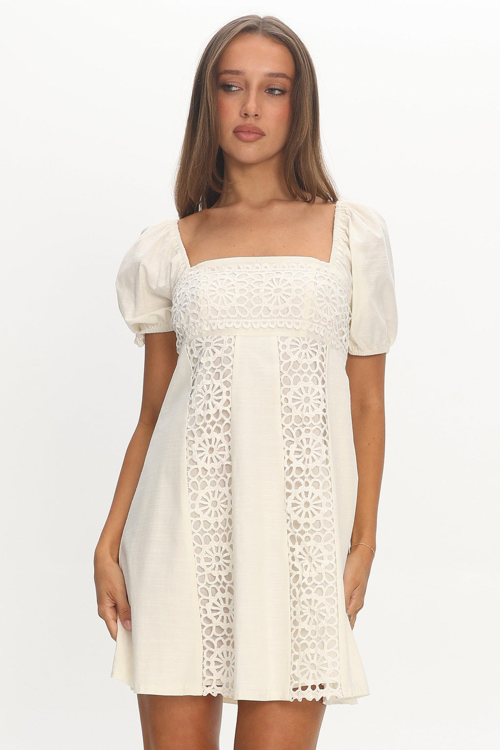 Highlight Reels Puff Sleeve Lace Mini Dress Cream
