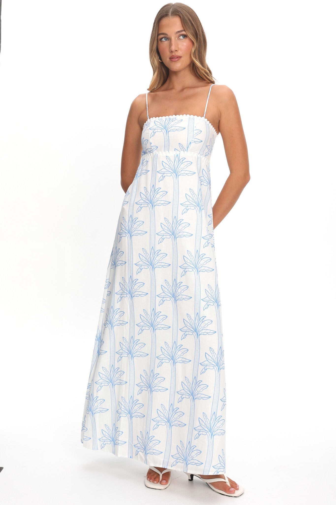 Patty Lace Trim Maxi Dress Palms White/Blue